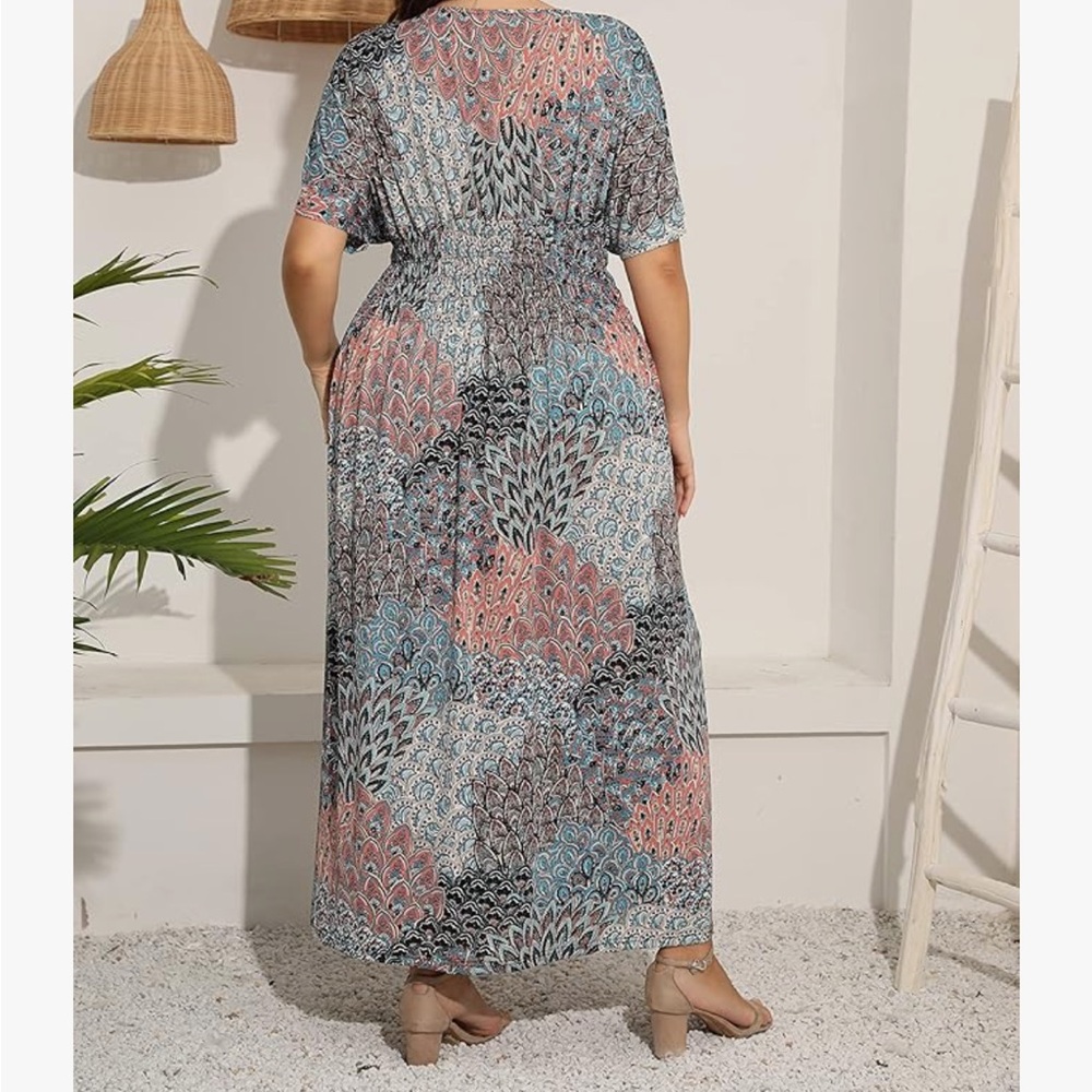 Boho V-Neck Maxi Dress in Pink & Blue - Picture 3 of 6